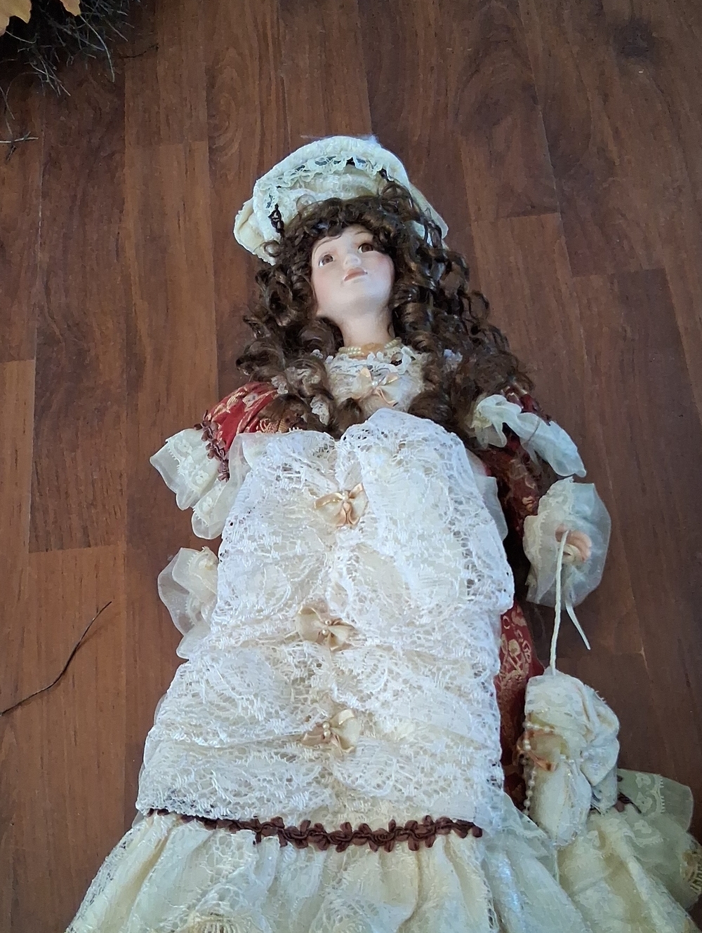 Victorian Style Porcelain Doll in Cream and Burgundy Dress